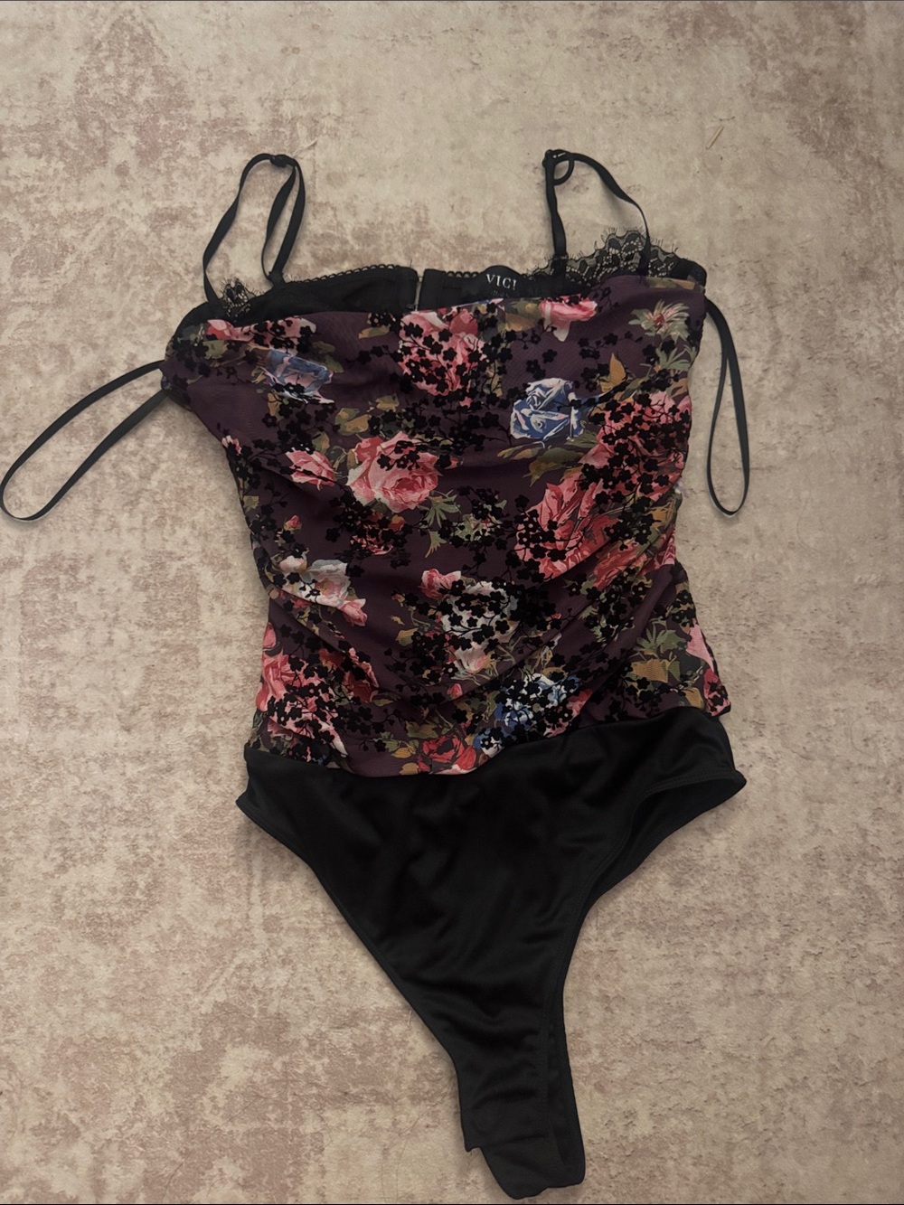 Vici S Floral Lace Trim Bodysuit - Black & Plum Floral